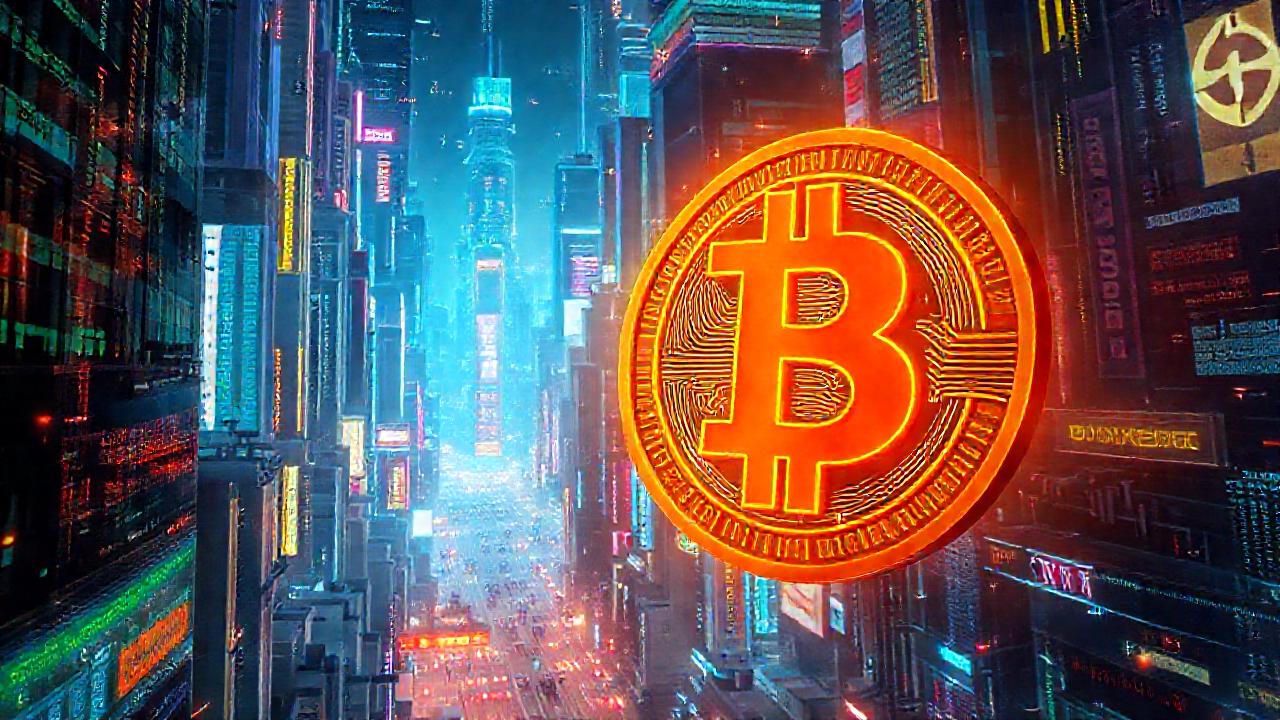 Ciudad futurista digital, caos criptográfico brillante
