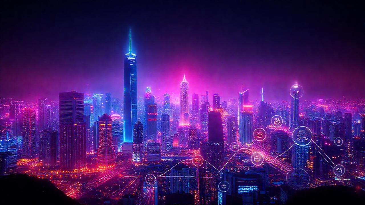 Ciudad futurista con criptomonedas y luces