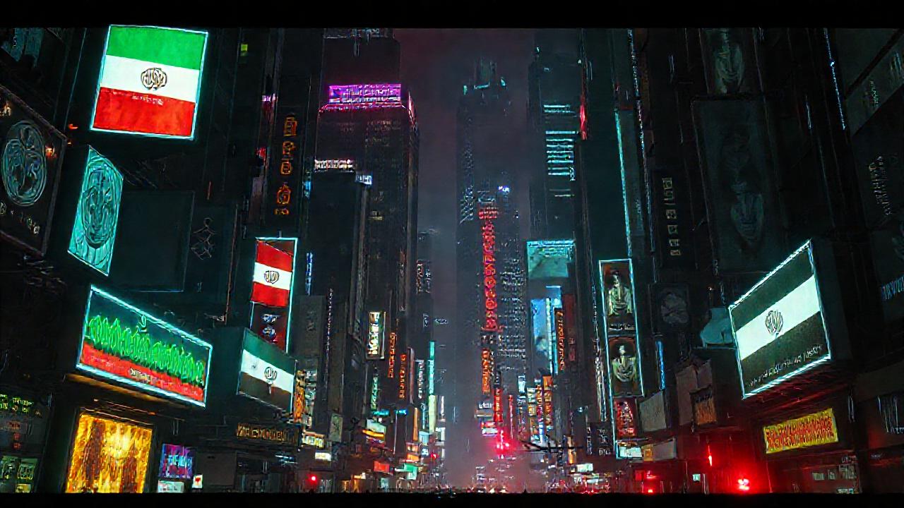 Ciudad cyberpunk oscura, digitalmente perturbada y amenazante