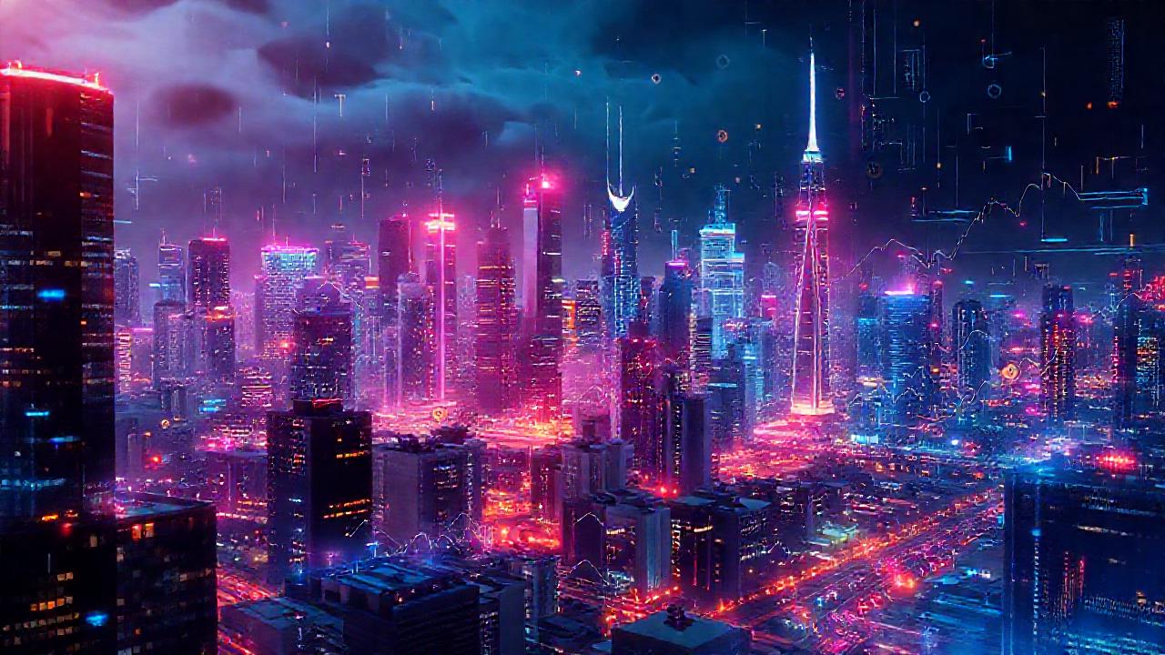 Ciudad futurista digital con datos vibrantes