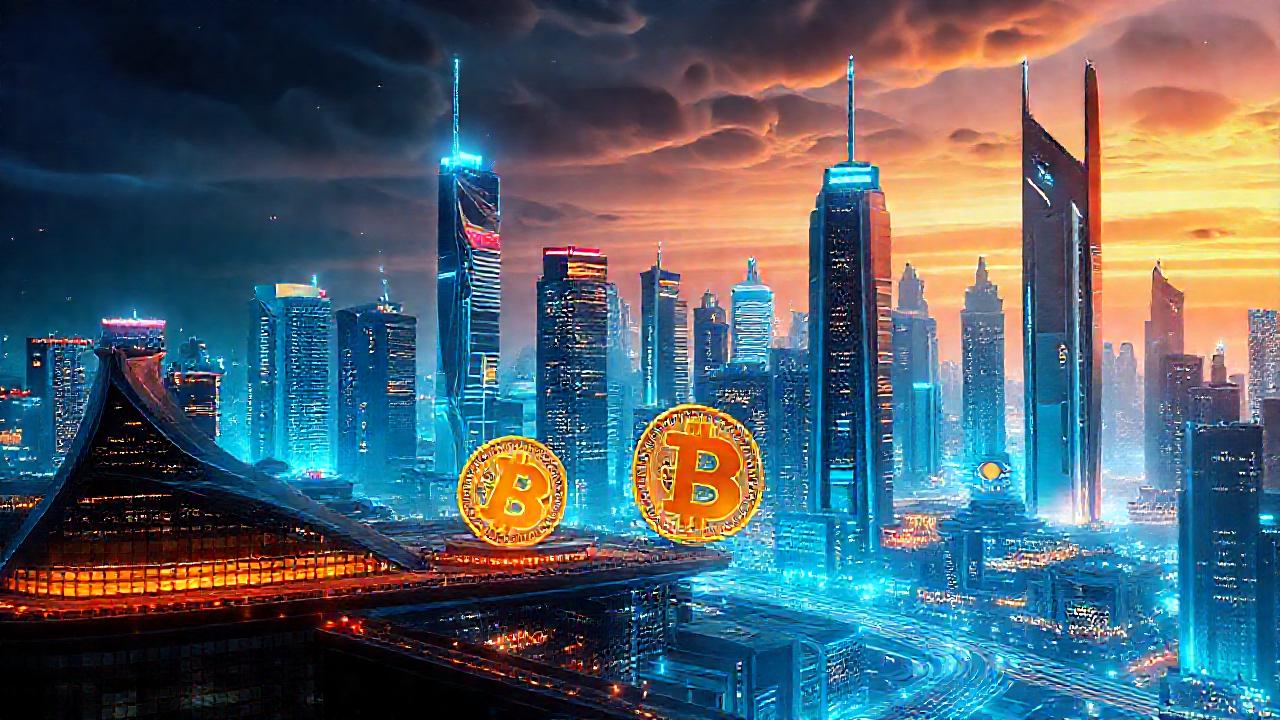 Ciudad futurista digital con Bitcoin