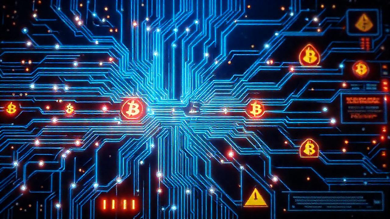 Plataforma digital futurista con advertencias