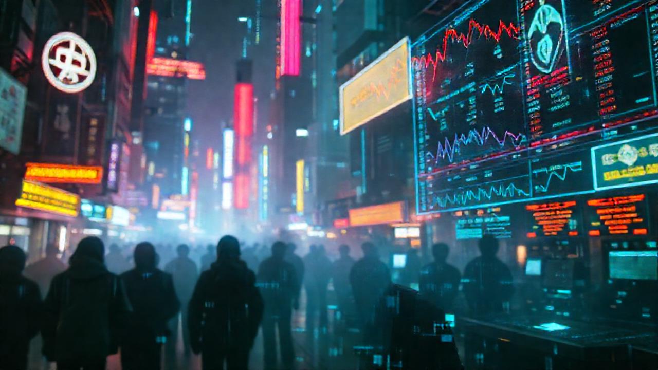 Ciudad cyberpunk digital y decadente inquieta