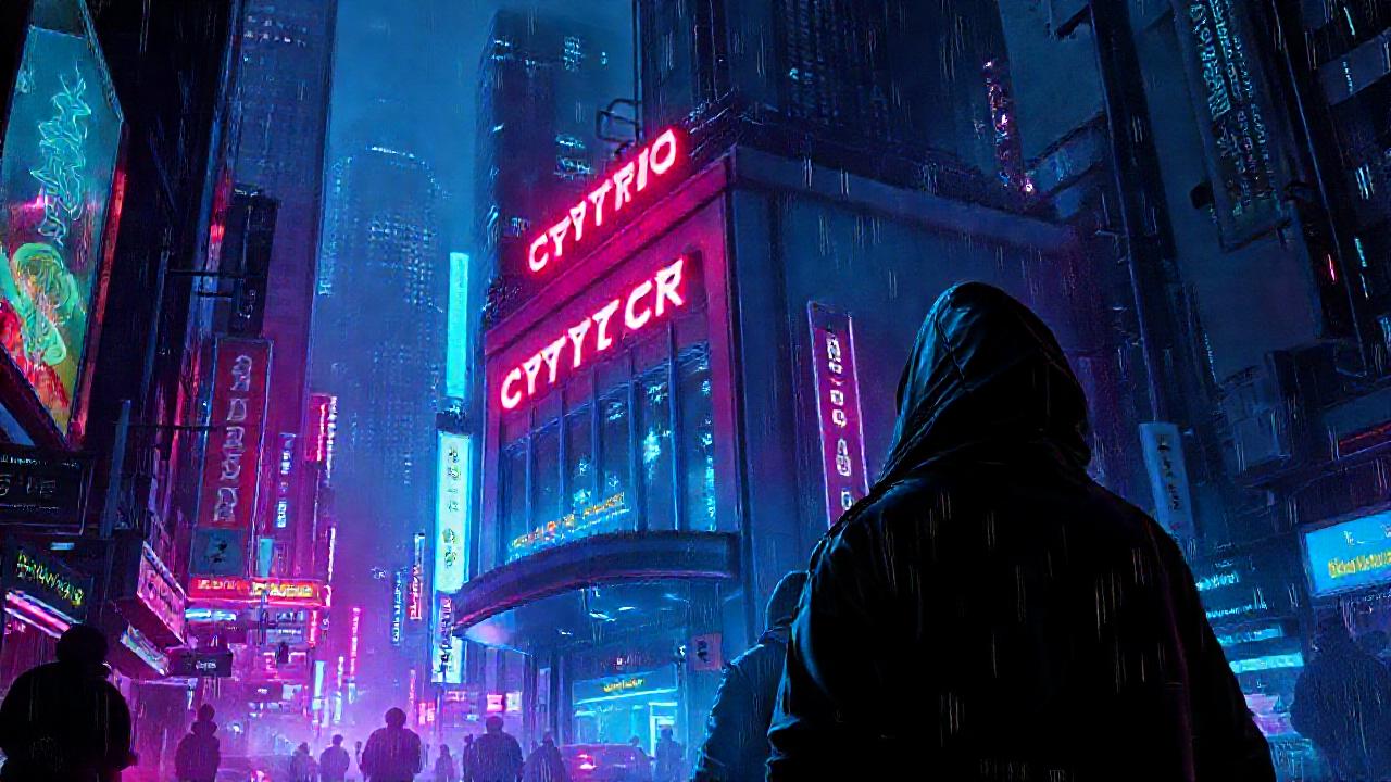 Ciudad cyberpunk oscura, digital y caótica