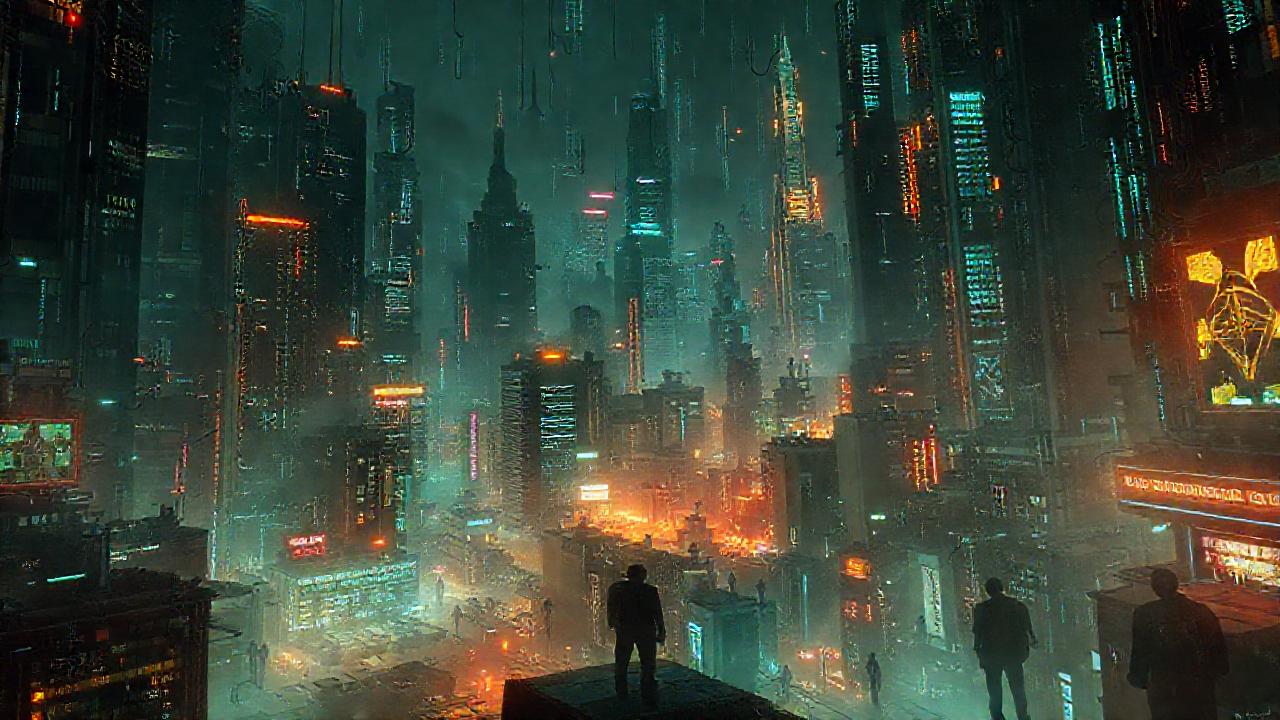 Ciudad cyberpunk digital, fragmentada y ominosa