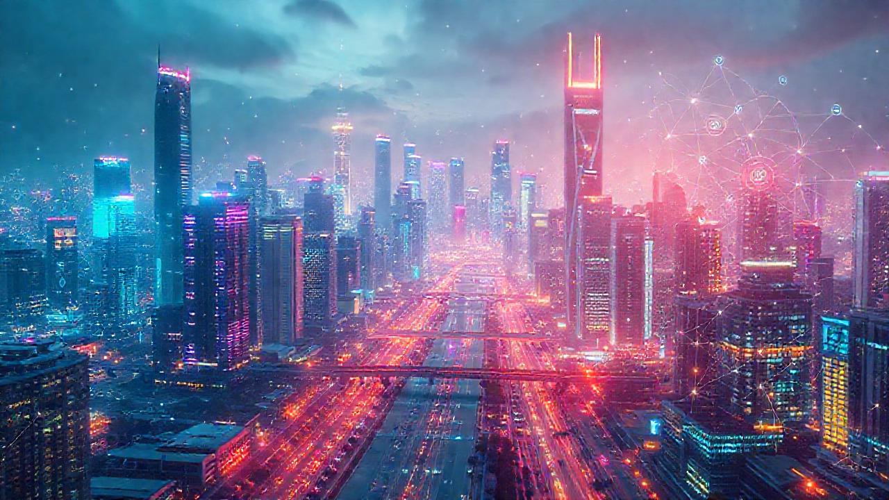 Ciudad futurista: blockchain brillante y digital