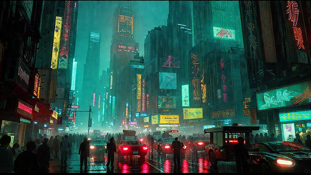 Ciudad cyberpunk futurista, vibrante y oscura