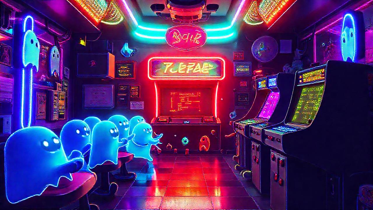 Arcade digital retro causa caos vibrante
