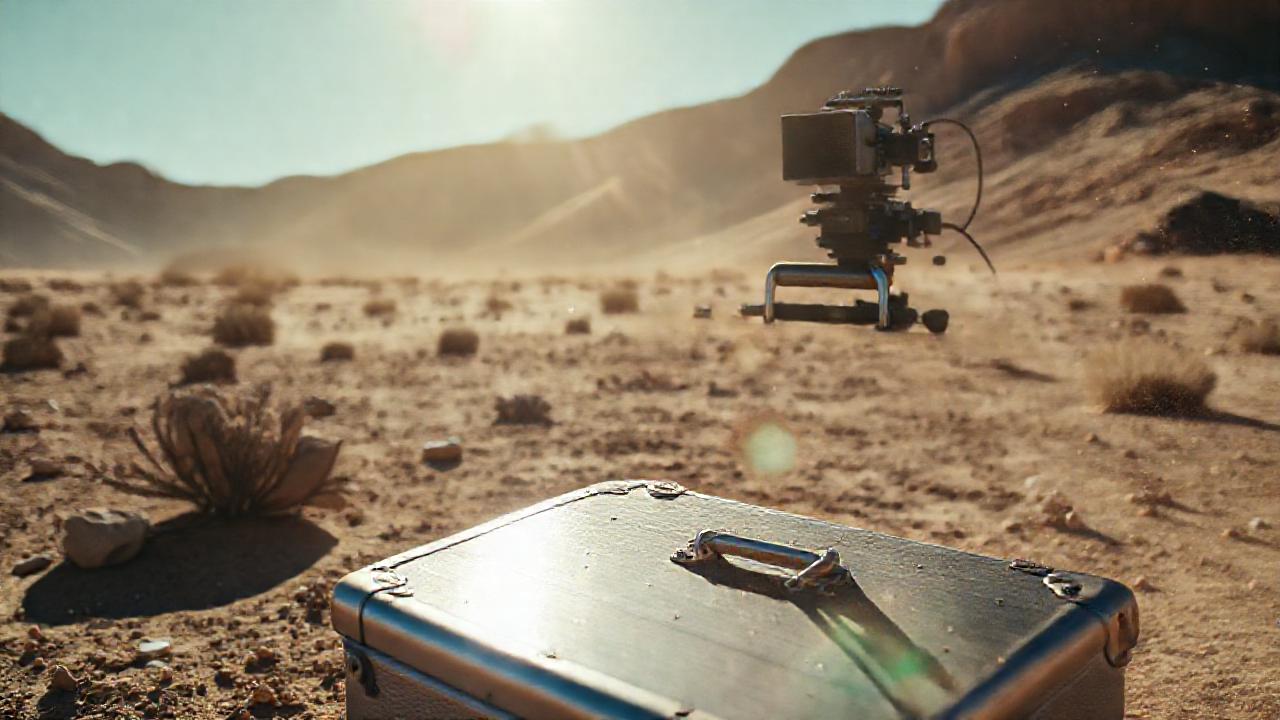 Maletín metálico en desierto cinematográfico