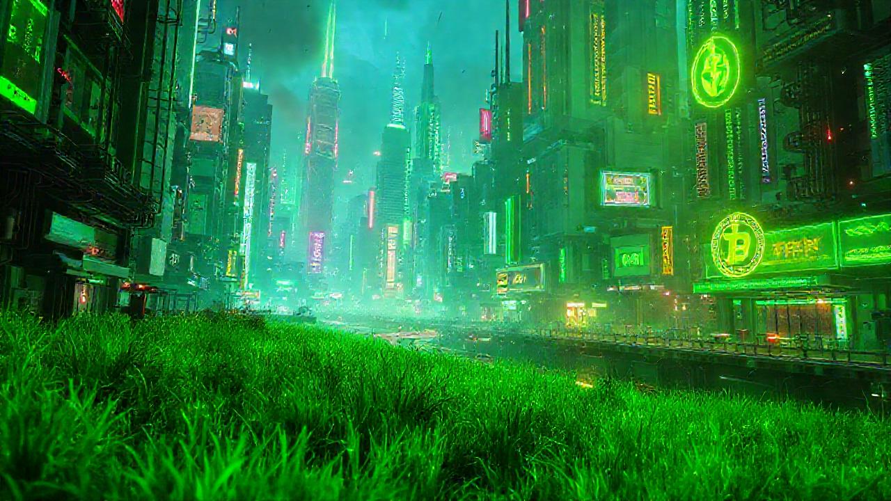 Ciudad cyberpunk futurista, verde digitalmente brillante