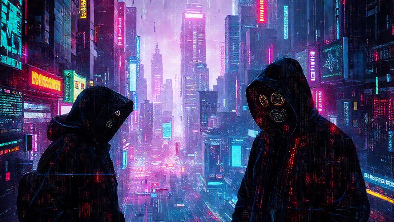 Ciudad cyberpunk oscura, digital y vibrante