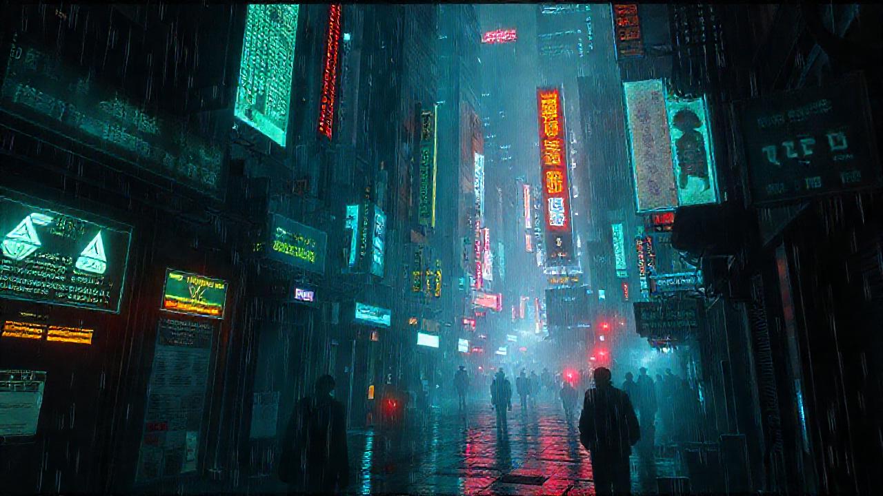 Ciudad cyberpunk, oscura y digitalmente amenazante