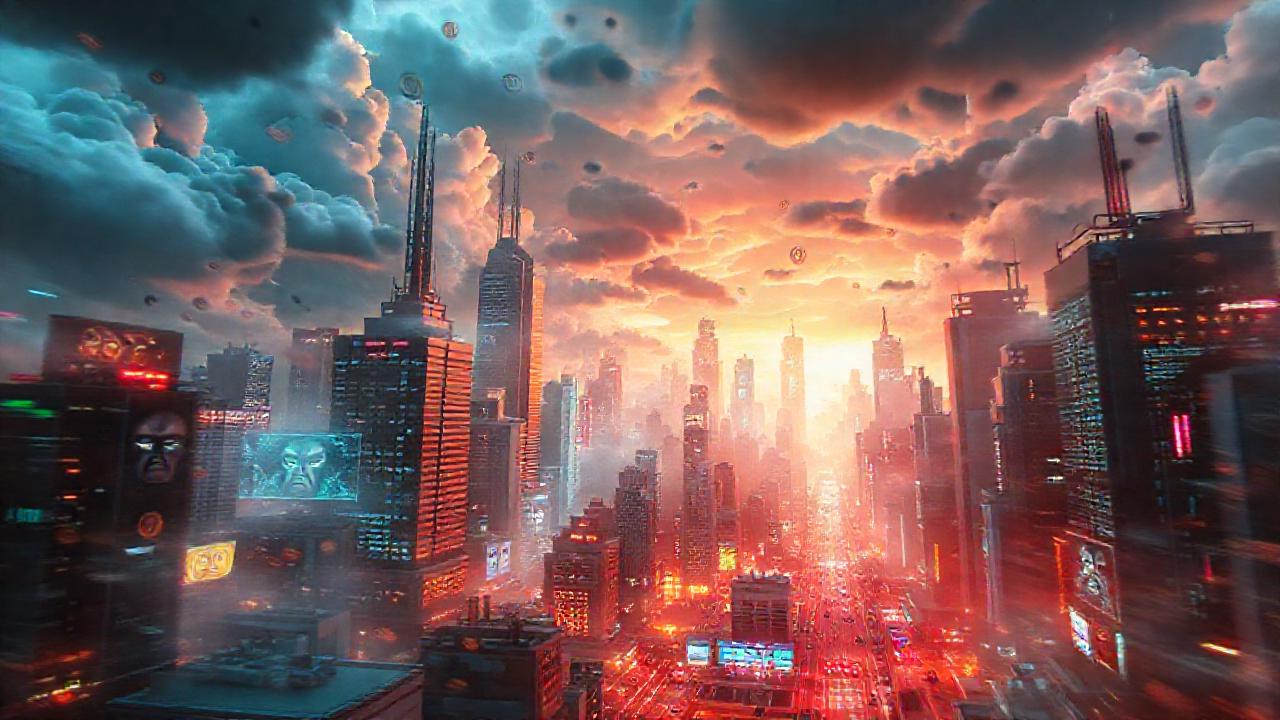 Ciudad futurista y perturbadora, llena de caos