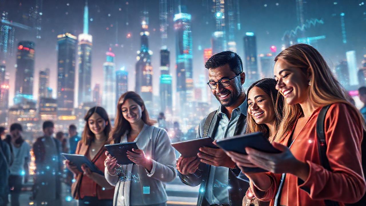 Ciudad futurista aprende digitalmente y optimista