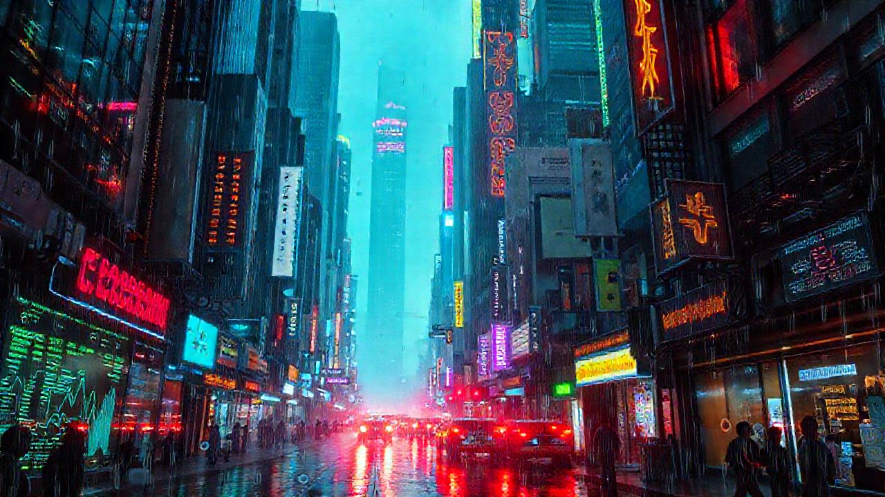 Ciudad cyberpunk digital, caos financiero y duda