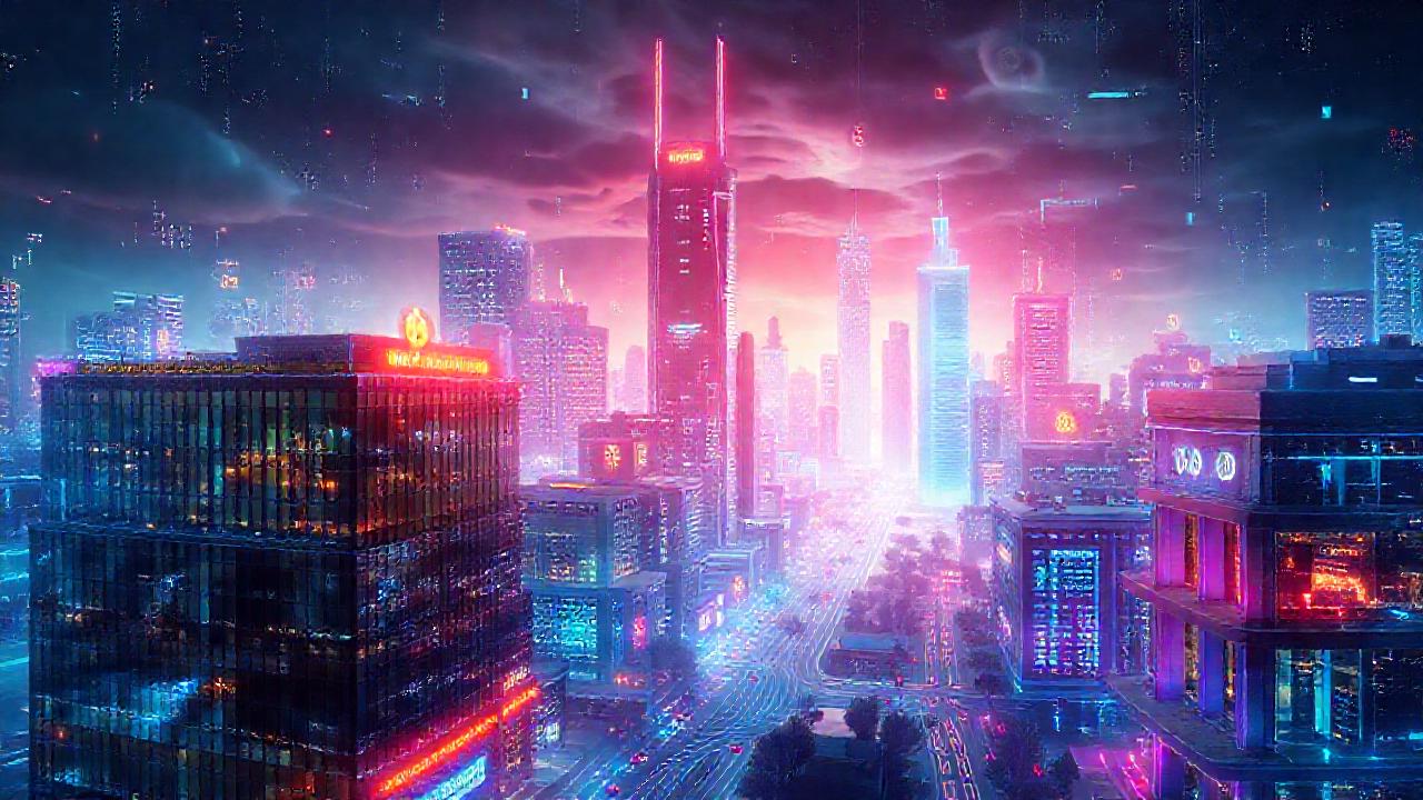 Ciudad futurista con cripto brillante y digital