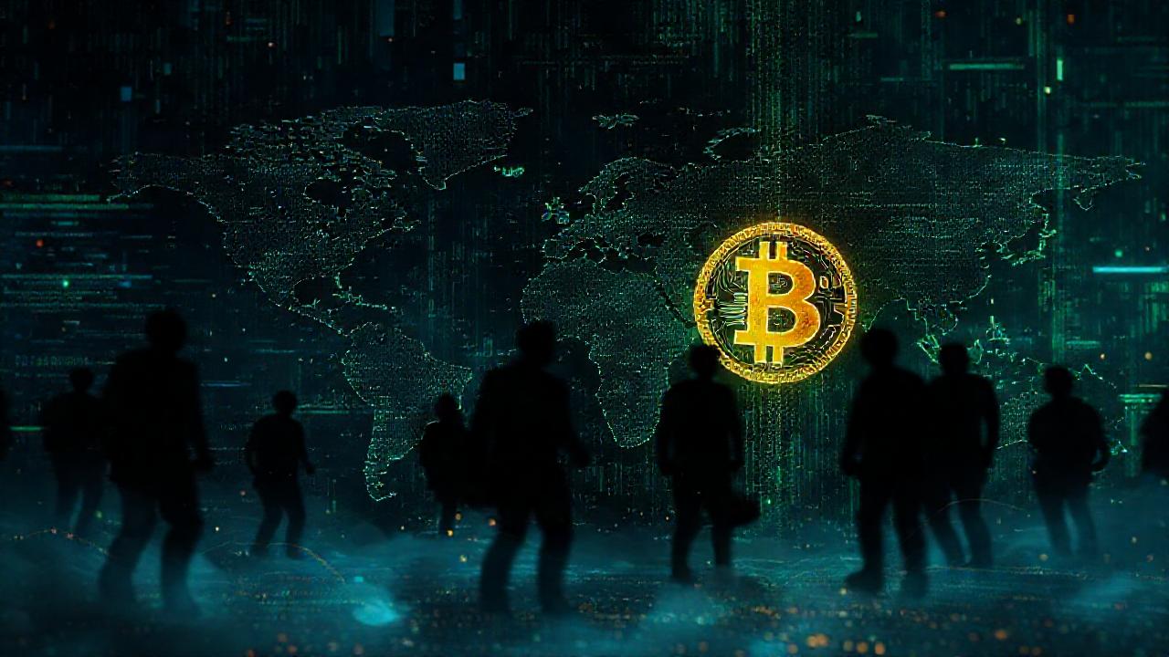 Paisaje digital caótico, bitcoin y sombras