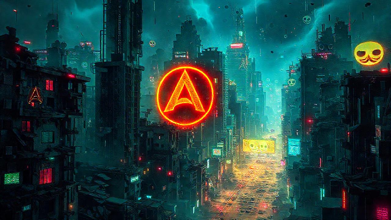 Ciudad futurista decadente, digital y caótica