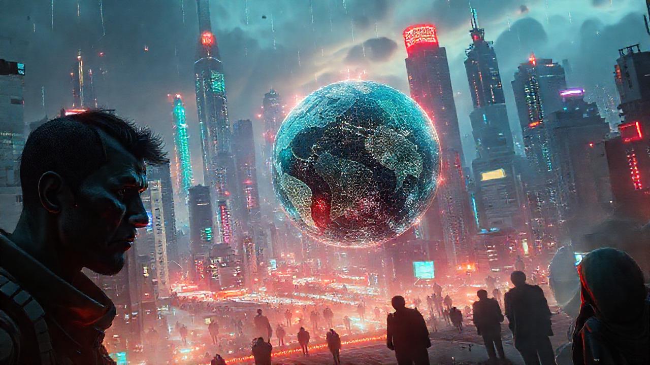 Ciudad futurista, digitalmente dividida y sombría