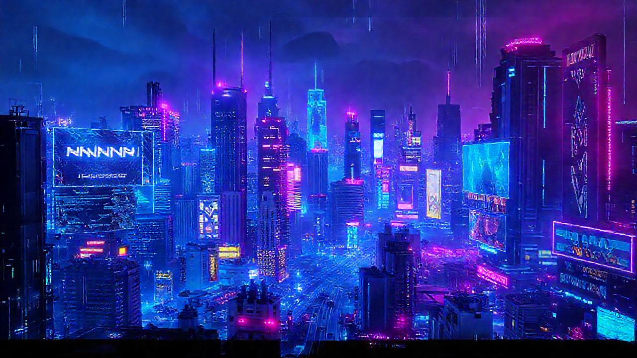 Ciudad cyberpunk digital, brillante y compleja
