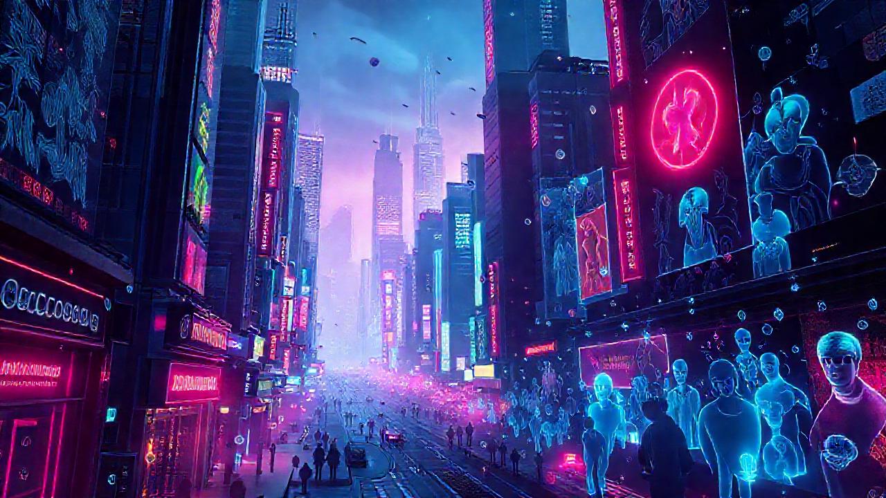 Ciudad futurista: luces, NFT y avatares