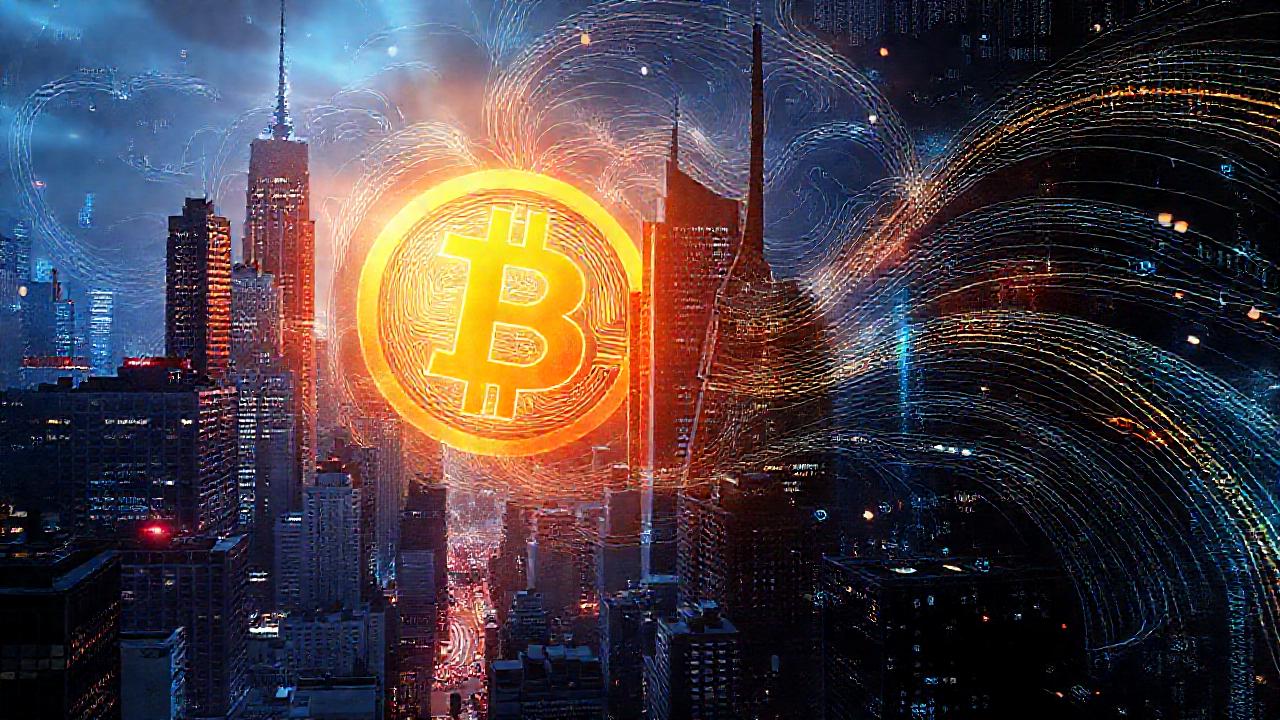 Ciudad futurista, tecnología y Bitcoin brillan