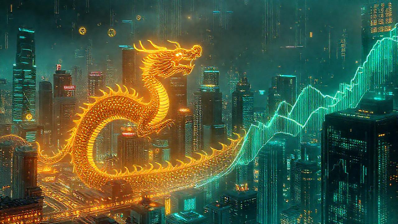 Ciudad futurista con símbolos financieros